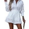 Womens 2025 Summer Eyelet Lace Two Piece Patterned Long Sleeve Tops Shorts Set