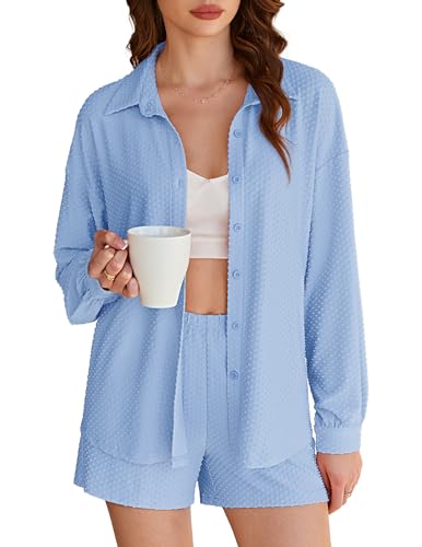2 Piece Sets for Women Lounge Sets Button Down Matching Shorts Sets with Pockets Swiss Dot Outfits