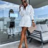 Womens 2025 Summer Eyelet Lace Two Piece Patterned Long Sleeve Tops Shorts Set