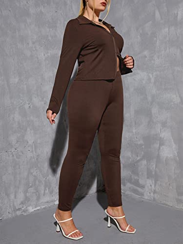 ROSHD Women's Plus Size Clothing Sets Fall Clothin Plus Zip Up Top & Leggings Autumn/Winter Clothing ROSHD (Color : Chocolate