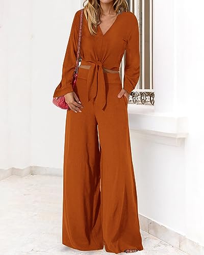 Women's 2 Piece Outfits 2025 Fall Fashion V Neck Long Sleeve Strappy Crop Top Wide Leg Pant Lounge Sets