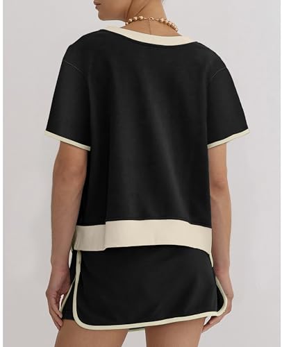 Lounge Sets for Women 2 Piece Skirt Colorblock Drop Shoulder T Shirt and Skort Set Summer Tracksuits