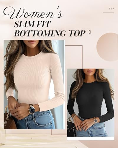 3 Pack Women's Ribbed Long Sleeve Tops, Crew Neck Slim Fit Undershirts Knit Basic Casual Stretch Layering Tee Shirts