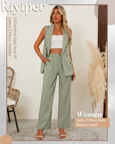 Women Suits 2 Piece Sets Button Lapel V Neck Sleeveless Blazer Vest and Wide Leg Pants Suit Matching Outfits