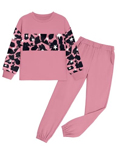 Girls Clothes Leopard Patchwork Sweatshirt Elastic Waist Sweatpants with Pockets 2PCs Girls' Clothing Sets