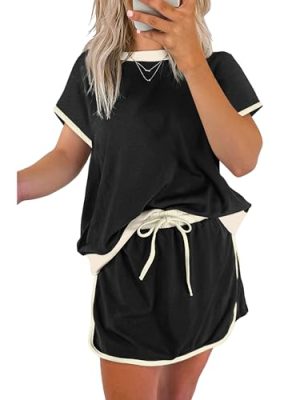 Lounge Sets for Women 2 Piece Skirt Colorblock Drop Shoulder T Shirt and Skort Set Summer Tracksuits