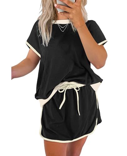 Lounge Sets for Women 2 Piece Skirt Colorblock Drop Shoulder T Shirt and Skort Set Summer Tracksuits