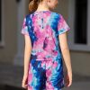 Girls Summer 2 Piece Outfits Tie Dye Short Sets Casual Twist Front Short Sleeve Tops and Pant with Pockets
