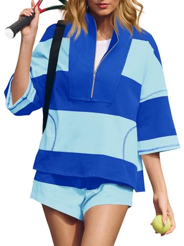 Womens 2 Piece Outfits Summer Striped Sweatshirt Workout Shorts Sets Matching Lounge Set Tracksuits