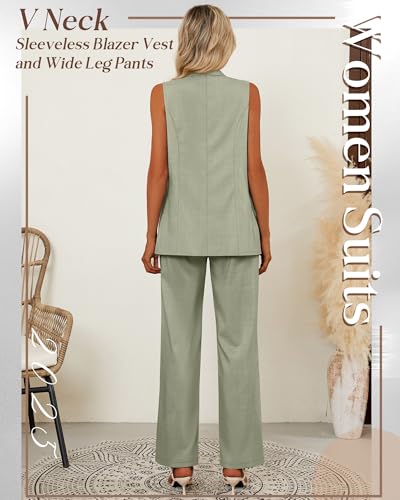 Women Suits 2 Piece Sets Button Lapel V Neck Sleeveless Blazer Vest and Wide Leg Pants Suit Matching Outfits