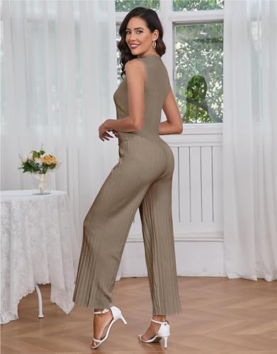 Women Suiting 2 Piece Outfits Knit Set Sleeveless Button Down Vest Wide Leg Pants Lounge Sets