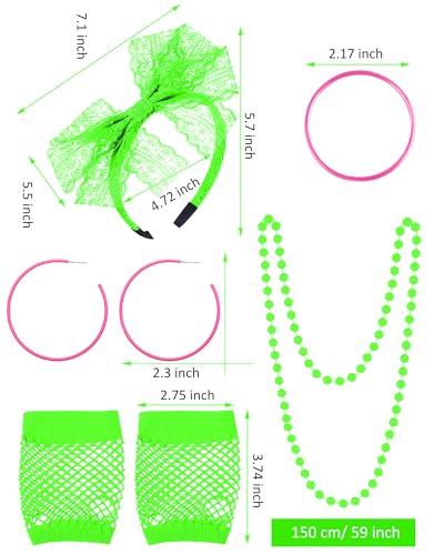 80s Women Costume Set, Lips Print off Shoulder T-shirt, Geometric Legging Pants Earring Necklace Gloves Bracelet