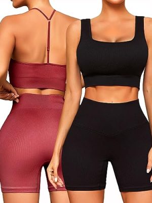 Workout Outfits Sets for Women 4 piece Seamless Backless Tank Sport Bra High Waist Short Yoga Gym Matching Active Set