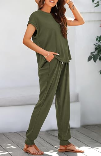 Women's Two Piece Tracksuit Outfits Summer Short Sleeve Tops Long Pants Jogger Lounge Matching Sets Sweatsuit