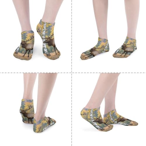 5 Pairs of Cotton Ankle Socks for Women Men Fall Birch Leaves Elk Low Cut Socks for Running Hiking No Show Athletic Sock