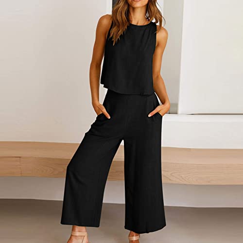 Two Piece Linen Sets for Women Pants Casual Dressy Outfit Sleeveless Crop Tank Wide Leg Pants Sets Matching Loungewear