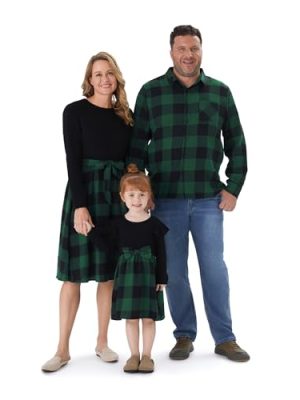 Family Matching Outfits Mommy and Me Dresses Matching Set Long Sleeve Plaid Midi Dress and Casual Button Down Shirts