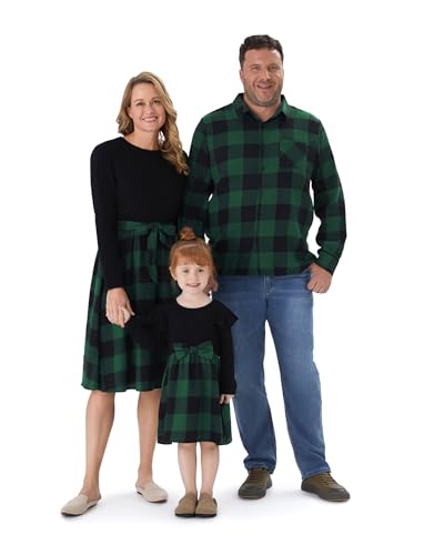 Family Matching Outfits Mommy and Me Dresses Matching Set Long Sleeve Plaid Midi Dress and Casual Button Down Shirts