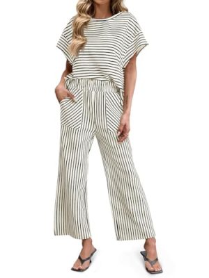Womens Striped 2 Piece Sets Short Sleeve T Shirts Wide Leg Pants Matching Lounge Set with Pockets