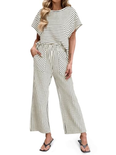 Womens Striped 2 Piece Sets Short Sleeve T Shirts Wide Leg Pants Matching Lounge Set with Pockets