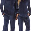 Couples Matching Pajamas Sets Velvet PJs Set for Men and Women Velour Long Sleeve Sleepwear S-XXL Navy