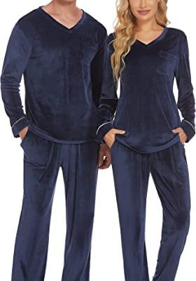 Couples Matching Pajamas Sets Velvet PJs Set for Men and Women Velour Long Sleeve Sleepwear S-XXL Navy