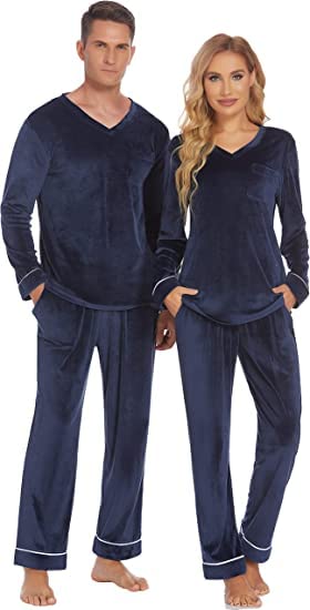 Couples Matching Pajamas Sets Velvet PJs Set for Men and Women Velour Long Sleeve Sleepwear S-XXL Navy