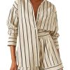 Womens 2 Piece Outfits Striped Long Sleeve Button Down Collared Shirt Matching Shorts Sets