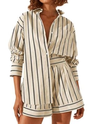 Womens 2 Piece Outfits Striped Long Sleeve Button Down Collared Shirt Matching Shorts Sets