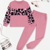 Girls Clothes Leopard Patchwork Sweatshirt Elastic Waist Sweatpants with Pockets 2PCs Girls' Clothing Sets