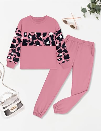 Girls Clothes Leopard Patchwork Sweatshirt Elastic Waist Sweatpants with Pockets 2PCs Girls' Clothing Sets
