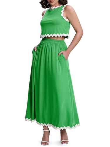 Womens 2 Piece Outfits Dressy Casual Summer Crop Tops Ric Rac Trim High Waisted Maxi Skirt Set with Pocket
