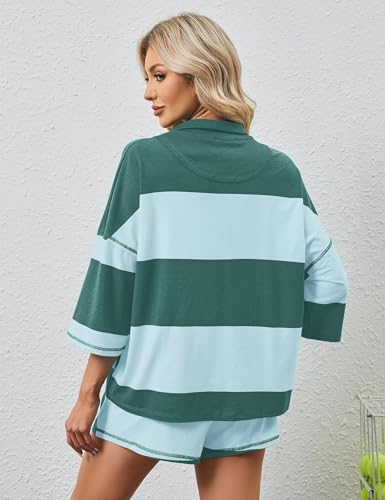 Womens 2 Piece Lounge Set Stripe Half Sleeve Oversized Shirts Shorts Summer Two Piece Workout Sets