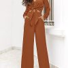 Women's 2 Piece Outfits 2025 Fall Fashion V Neck Long Sleeve Strappy Crop Top Wide Leg Pant Lounge Sets