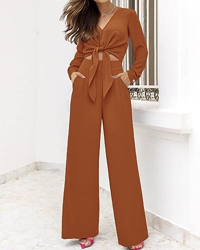 Women's 2 Piece Outfits 2025 Fall Fashion V Neck Long Sleeve Strappy Crop Top Wide Leg Pant Lounge Sets