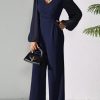 Jumpsuits for Women Dressy Patchwork Chiffon Sleeve V Neck Wide Leg Romper One Piece Trendy Outfits