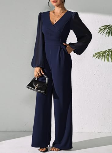 Jumpsuits for Women Dressy Patchwork Chiffon Sleeve V Neck Wide Leg Romper One Piece Trendy Outfits