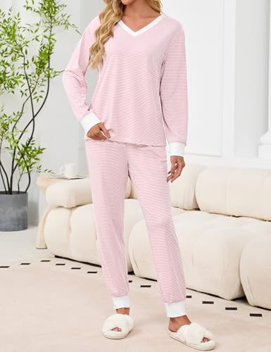 Women's Pajama Sets 2 Piece Striped Lounge Sets Long Sleeve Top and Pants Soft Sleepwear Pjs 2025 Fall Outfits