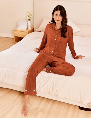 Womens Pajama Sets Long Sleeve Ribbed Knit Lounge Set Button Down Soft 2 Piece Pjs With Pockets