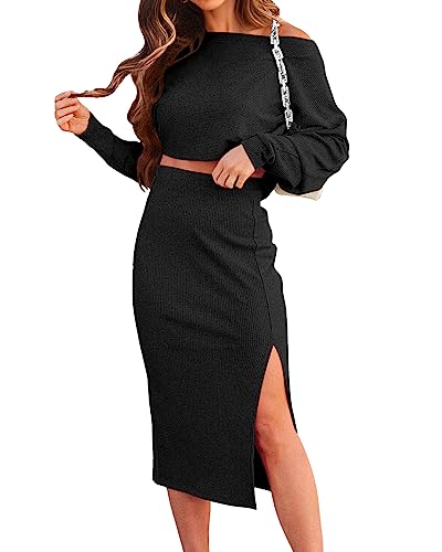 Women's 2 Piece Outfits 2025 Fall Long Sleeve Crop Tops Slit Bodycon Ribbed Knit Midi Skirt Sets Lounge Wear