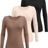 3 Pack Women's Ribbed Long Sleeve Tops, Crew Neck Slim Fit Undershirts Knit Basic Casual Stretch Layering Tee Shirts