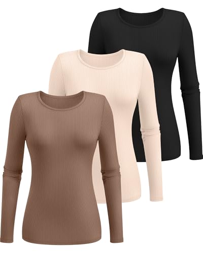 3 Pack Women's Ribbed Long Sleeve Tops, Crew Neck Slim Fit Undershirts Knit Basic Casual Stretch Layering Tee Shirts