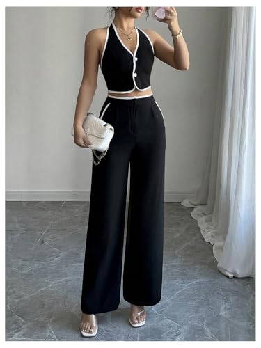 Women's Summer 2 Piece Outfits Halter Crop Tops and Wide Leg Pants Business Casual Sets