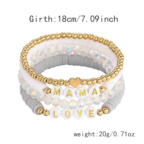 Mama Bracelets for Women Multilayer Polymer Clay Heishi Beaded Stackable Bracelets Set Boho Summer Beach Jewelry Mother's Day