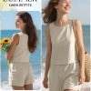 Womens 2 Piece Summer Linen Outfits Short Sets Round Neck Sleeveless Tank Top Elastic High Waisted Shorts with Pockets