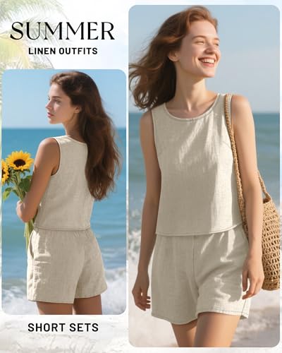 Womens 2 Piece Summer Linen Outfits Short Sets Round Neck Sleeveless Tank Top Elastic High Waisted Shorts with Pockets