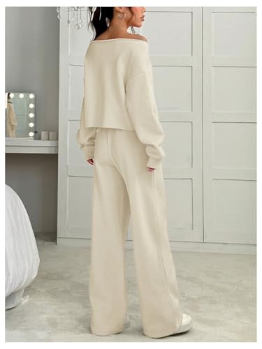 Women's 2 Piece Outfits Fall Sweatsuits Off The Shoulder Crop Top Wide Leg Sweatpants Casual Matching Lounge Sets Pure Apricot