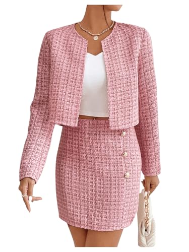 Women's 2 Piece Outfits Plaid Tweed Blazer Long Sleeve Jacket and Skirt Set