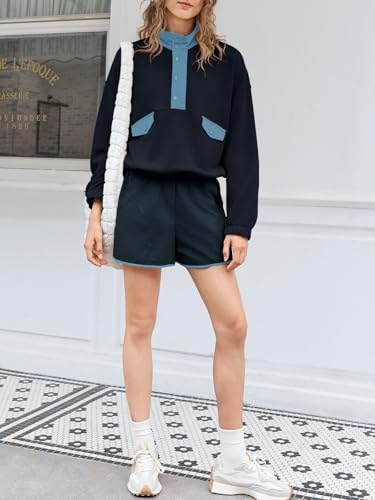 Womens 2 Piece Sets Sweatsuits Casual Half Button Color Block Sweatshirts Running Shorts Tracksuits Fall Outfits