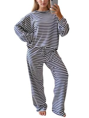 Women's Striped 2 Piece Lounge Set Casual Long Sleeve T-Shirt Drawstring Wide Leg Pants Matching Pajamas Set
